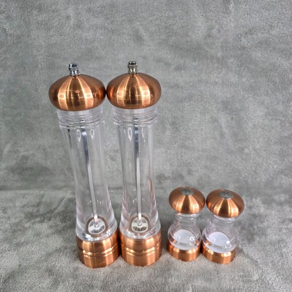 Copper & Clear Acrylic Salt & Pepper Grinder Adjustable Coarseness 4 Pc Set - Picture 3 of 8
